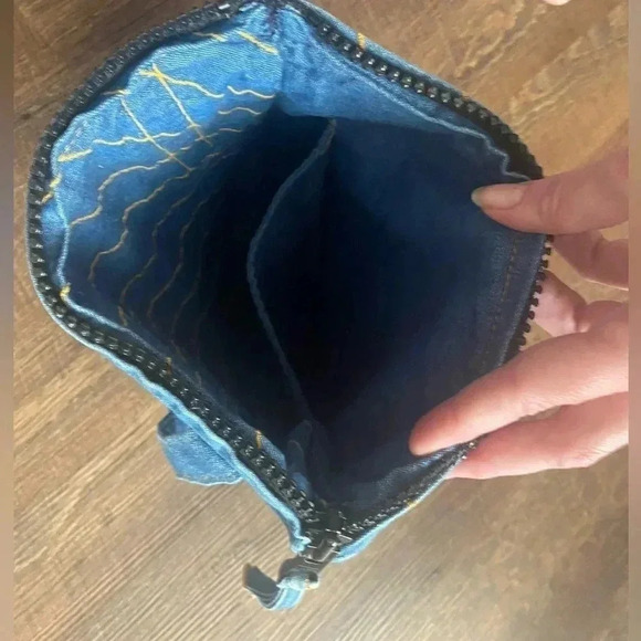 denim shoulder bag, jean tote bag artisan 70s style purse gold stitching boho - Picture 13 of 16